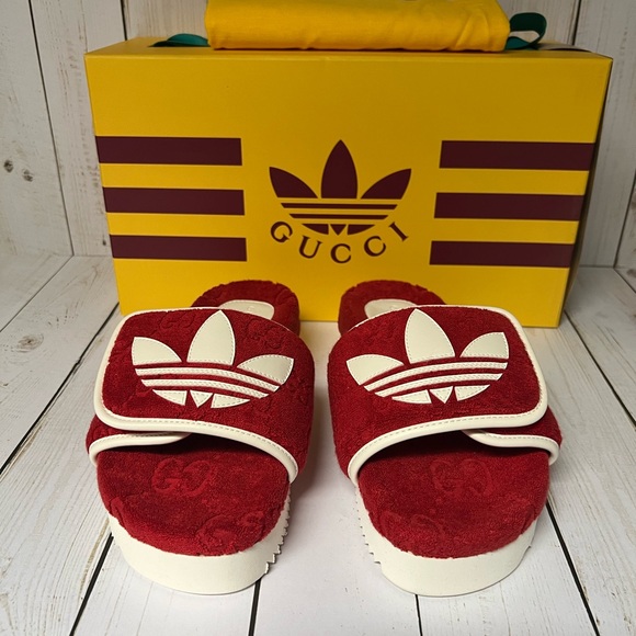 Gucci X Adidas Terry Cloth GG Monogram Platform Slide Sandals Red Sz 36 / 6